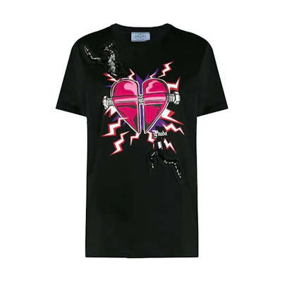 (Women) PRADA Black Red Heart Cotton Crewneck T-Shirt 35838R-1VAK-F0ZCW-S-162
