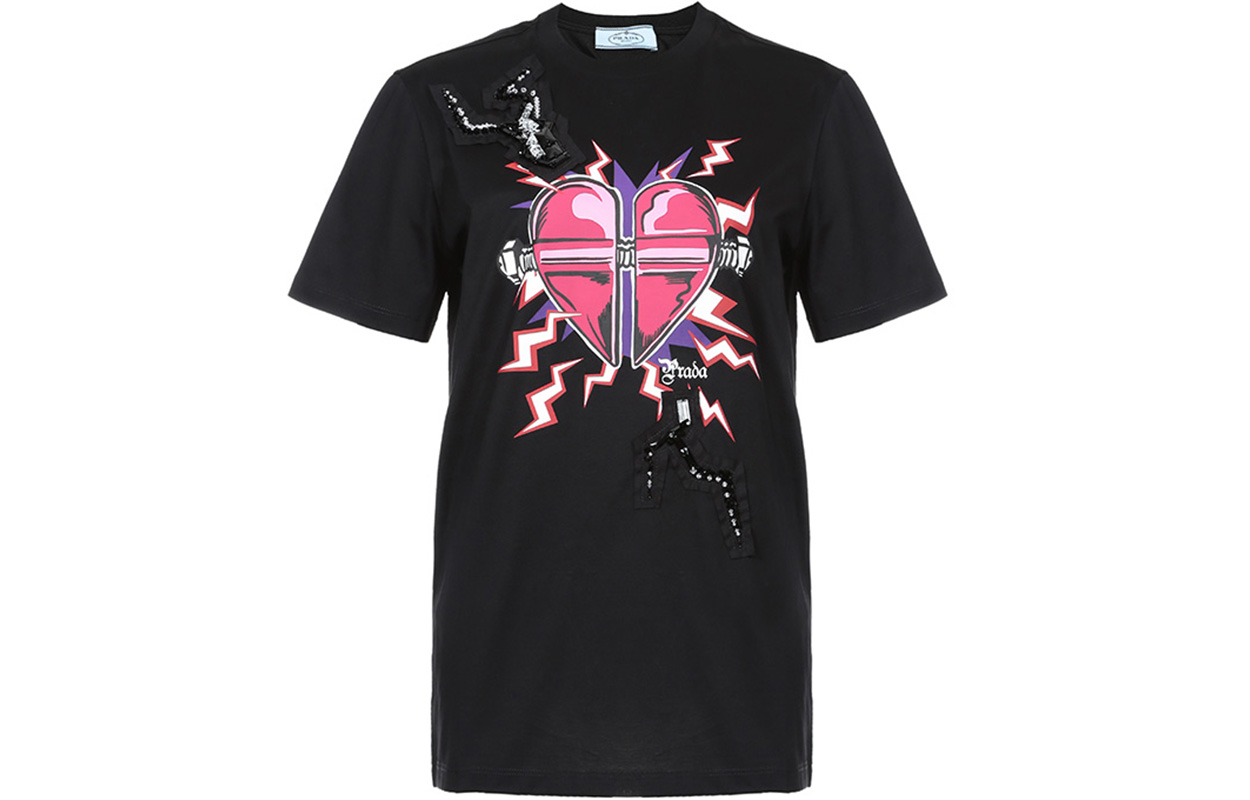 (Women) PRADA Black Red Heart Cotton Crewneck T-Shirt 35838R-1VAK-F0ZCW-S-162 圖 2