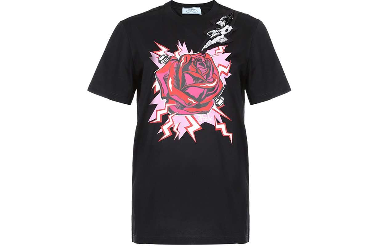 (Women) PRADA Black Rose Lightning Cotton T-Shirt 35838R-1VAJ-F0ZCV-S-162