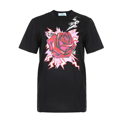 (Women) PRADA Black Rose Lightning Cotton T-Shirt 35838R-1VAJ-F0ZCV-S-162