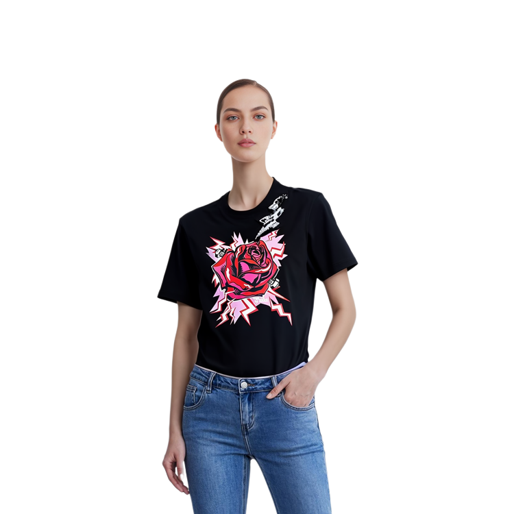 Shop (W) PRADA 黑色玫瑰閃電棉質T恤 35838R-1VAJ-F0ZCV-S-162