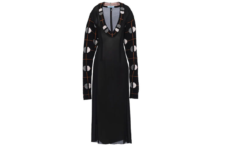 (Women) PRADA Black Sablé Panel V-Neck Long-Sleeve Dress with Jacquard Detail P3F97-1ZPV-F0700-S-212