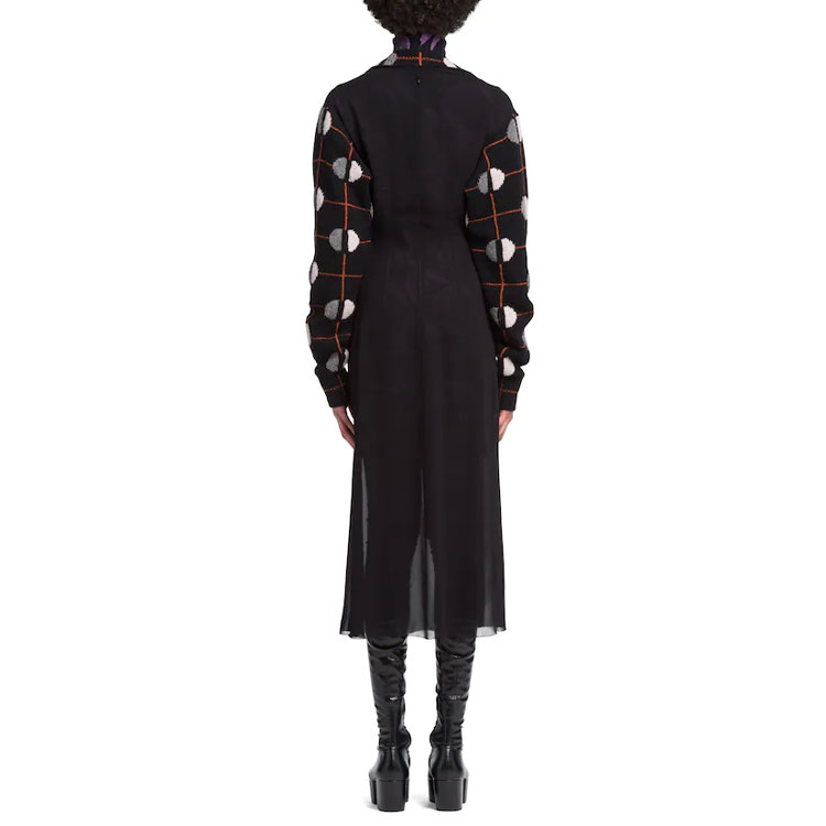 Shop (W) PRADA 黑色 Sablé 拼接 V领长袖连衣裙 带提花细节 P3F97-1ZPV-F0700-S-212