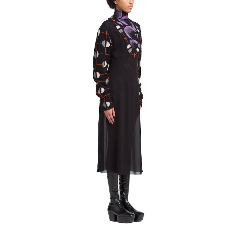 Purchase (W) PRADA 黑色 Sablé 拼接 V领长袖连衣裙 带提花细节 P3F97-1ZPV-F0700-S-212