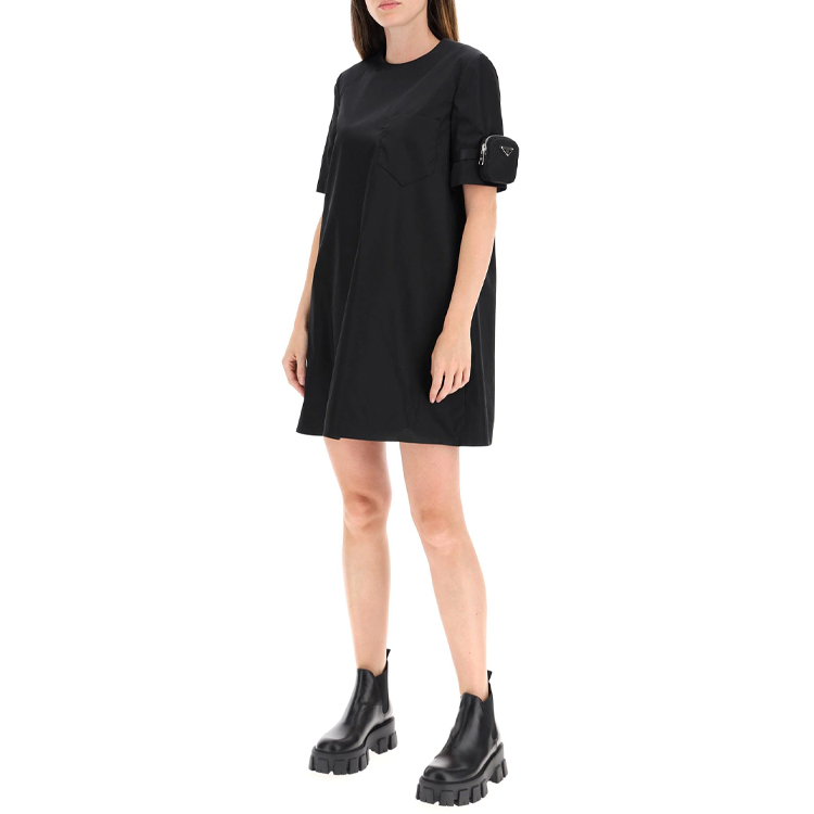 Shop (Women) PRADA Black Solid Color A-Line Short Sleeve Dress 230620-1WQ8-F0002