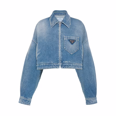 (Women) PRADA Blue Loose Fit Logo Zip-Up Cropped Jacket. GFB279-1ZAB-F0008-S-212