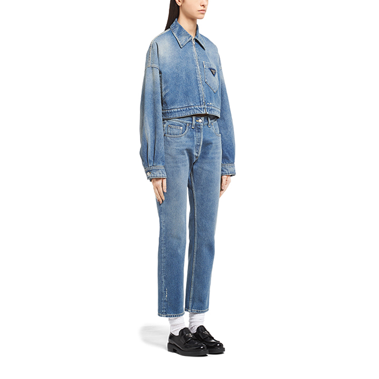 Purchase (Women) PRADA Blue Loose Fit Logo Zip-Up Cropped Jacket. GFB279-1ZAB-F0008-S-212