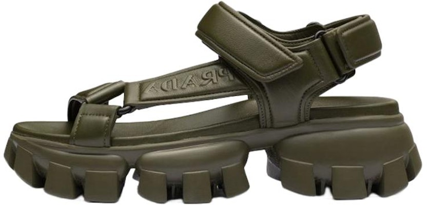 PRADA 皮革 徽標魔術貼 厚底 時尚涼鞋 女款 軍綠色 Buy PRADA 皮革 徽標魔術貼 厚底 時尚涼鞋 女款 軍綠色