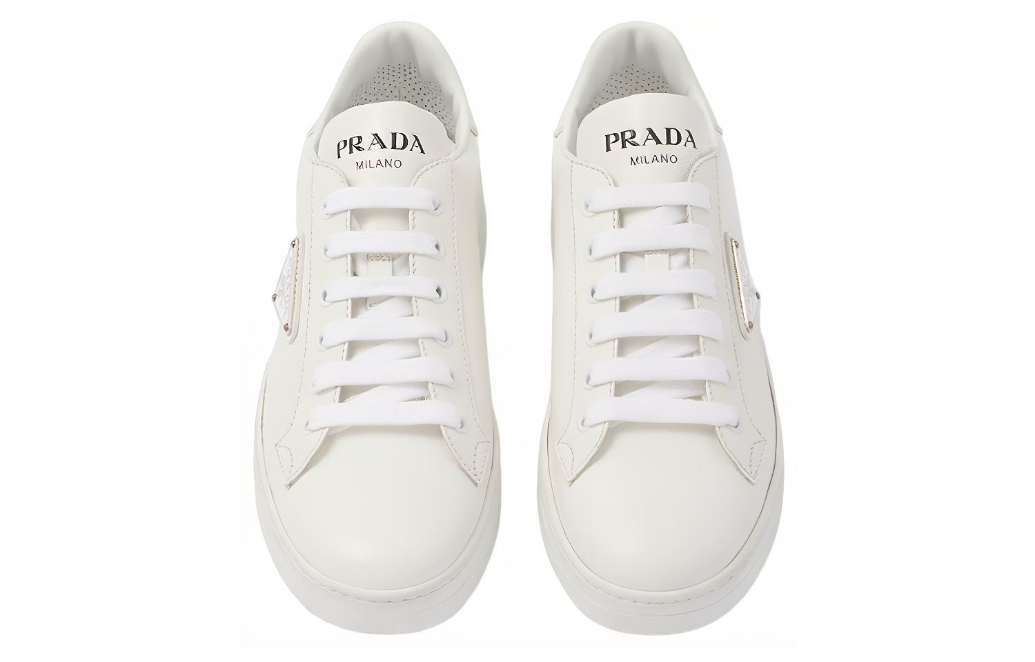 Lookbook 普拉達 普拉達Downtown皮革徽標低幫時尚板鞋 女款 白色