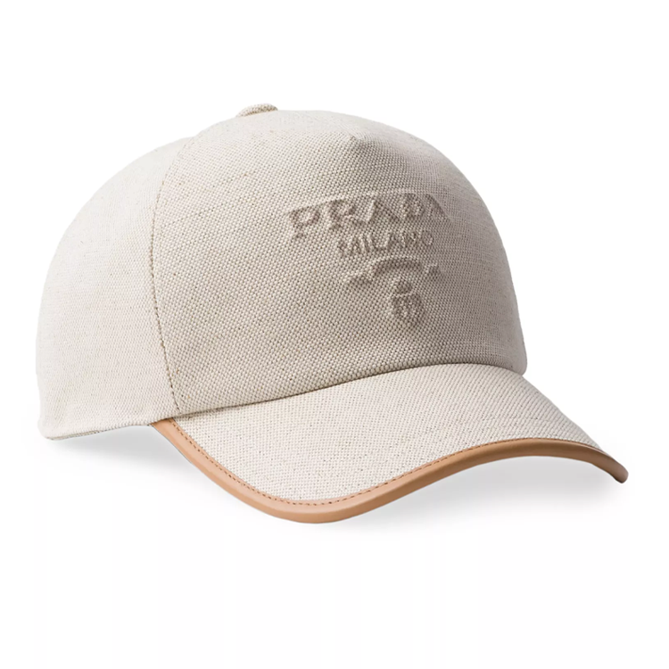 (Women) PRADA Embroidered Logo Leather Linen Cotton Beige  Cap 1HC179ZPXF0018