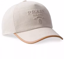 (Women) PRADA Embroidered Logo Leather Linen Cotton Beige Cap 1HC179ZPXF0018 (Women) PRADA Embroidered Logo Leather Linen Cotton Beige Cap 1HC179ZPXF0018