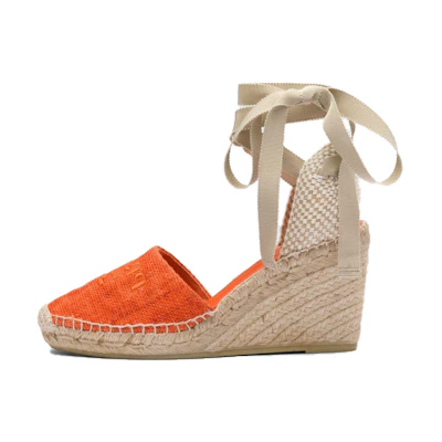 (W) Prada Embroidered Logo Wedge High Heels 'Orange'