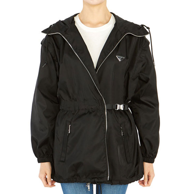 Shop (Women) PRADA FW21 Black Hooded Jacket with Detachable Sleeves. 291828-1WQ8-F00YE
