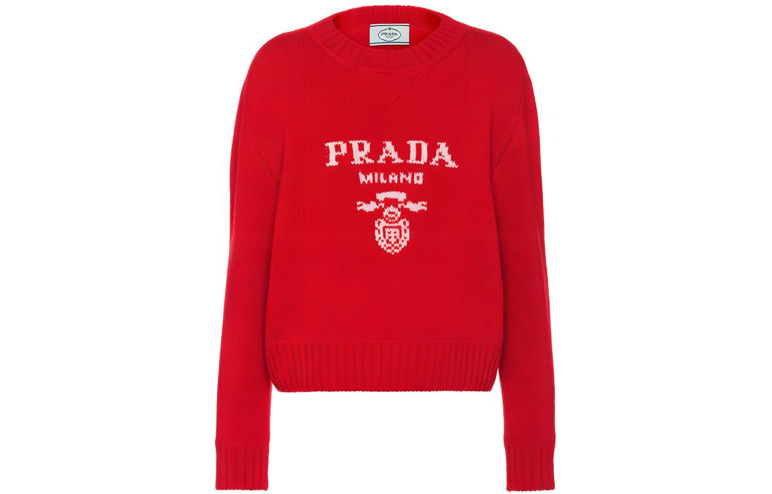 (Women) PRADA FW21 Red Crewneck Logo Knit Sweater. P24N1B-1YMW-F0011-S-212