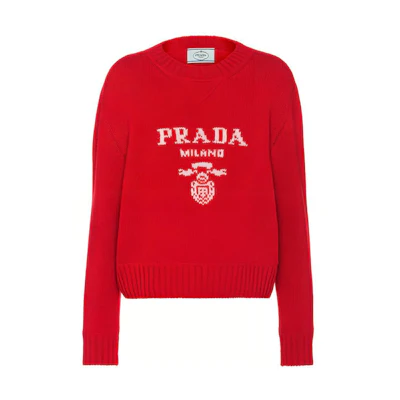 (Women) PRADA FW21 Red Crewneck Logo Knit Sweater. P24N1B-1YMW-F0011-S-212
