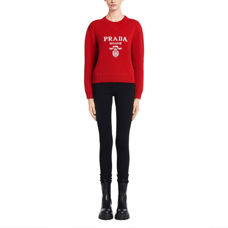 Lookbook (W) PRADA FW21 Sweater Rajut Crewneck Logo Merah. P24N1B-1YMW-F0011-S-212