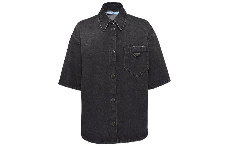 (Women) PRADA FW22  Black Denim Short Sleeve Shirt with Triangle Logo. GFC037-109N-F0557-S-212