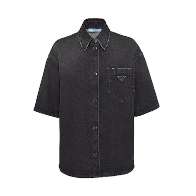 (Women) PRADA FW22 Black Denim Short Sleeve Shirt with Triangle Logo. GFC037-109N-F0557-S-212