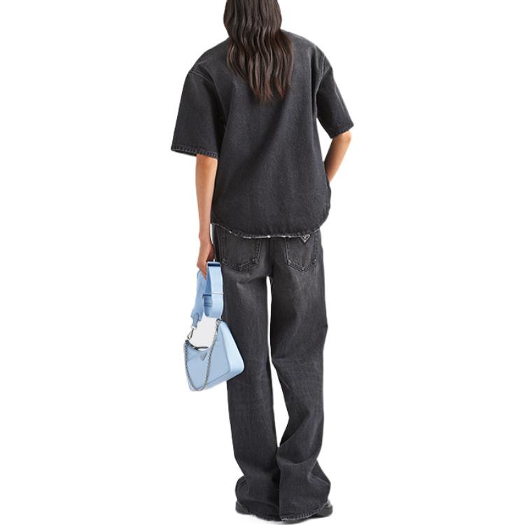 Shop (W) PRADA FW22 黑色丹寧短袖襯衫 三角標誌款式 GFC037-109N-F0557-S-212