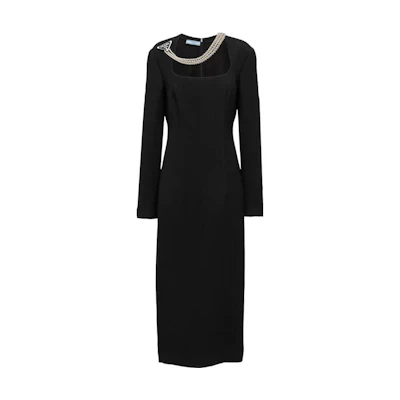 (Women) PRADA FW22 Black Long Sleeve Dress with Necklace Detail. P3I42-101R-F0002-S-222