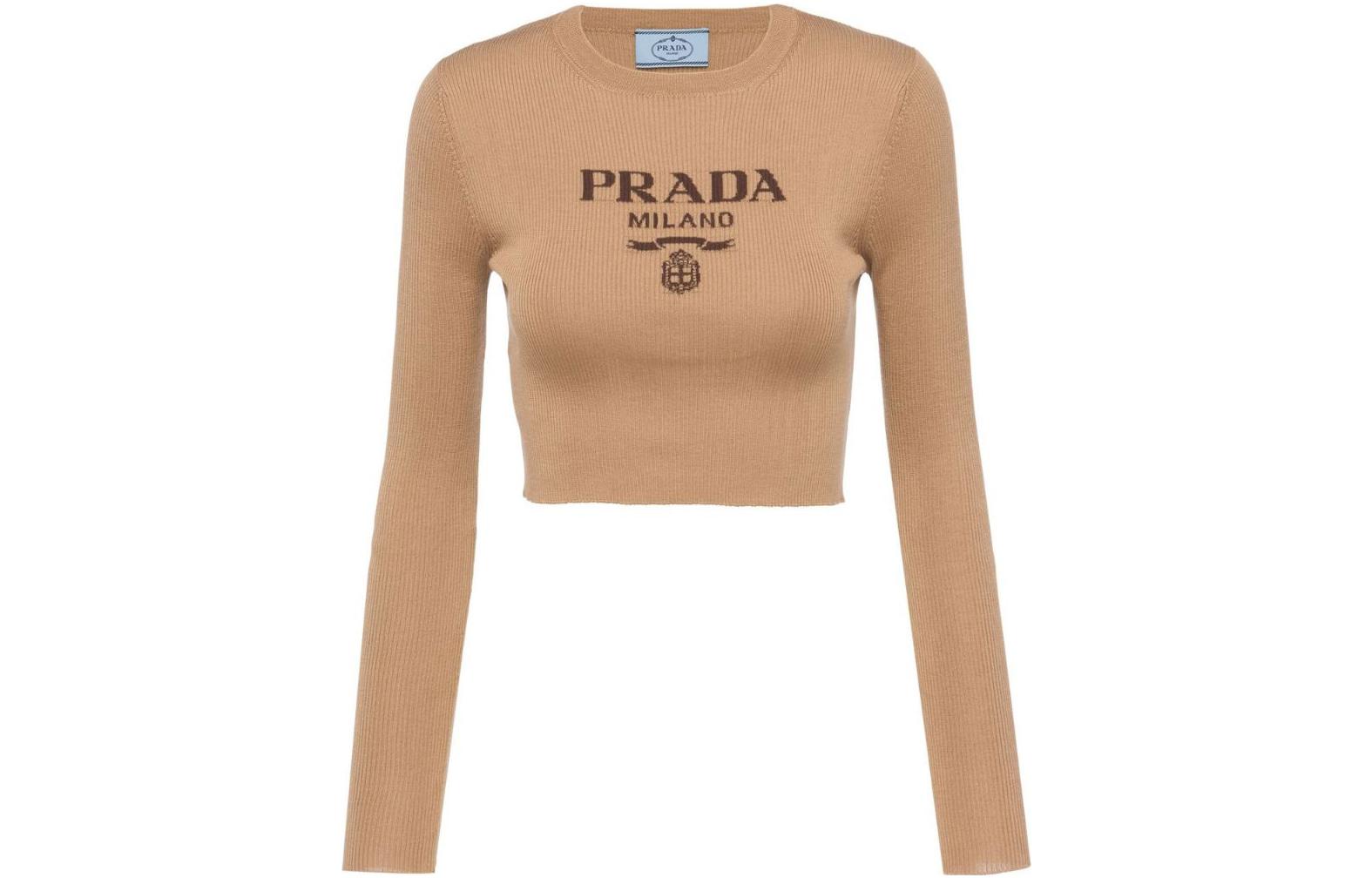 (Women) PRADA FW22  Brown Letter Print Crewneck Pullover Sweater. P24S1G-S222-11MYF-0-040