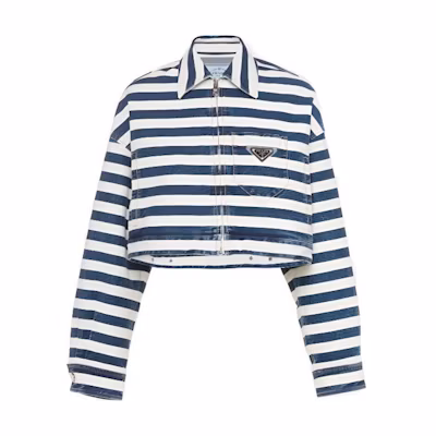 (Women) PRADA FW22 Cropped Denim Jacket with Striped Collar Navy Blue. GFB288-10G2-F0008-S-221