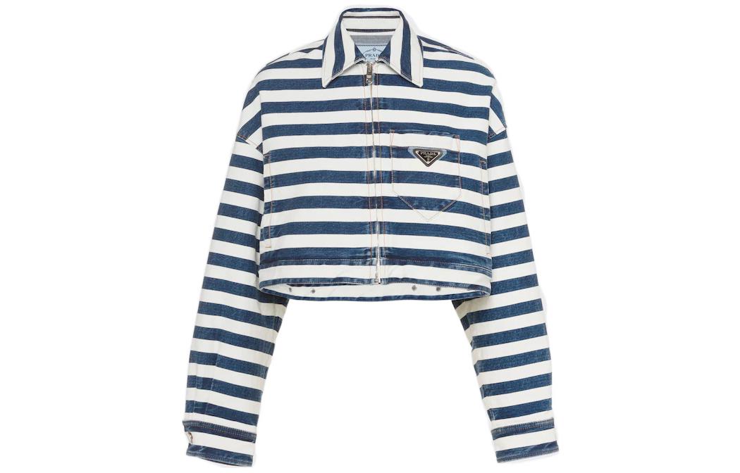 Order (Women) PRADA FW22  Cropped Denim Jacket with Striped Collar Navy Blue. GFB288-10G2-F0008-S-221