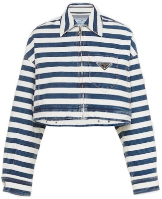 (Women) PRADA FW22 Cropped Denim Jacket with Striped Collar Navy Blue. GFB288-10G2-F0008-S-221 Order (Women) PRADA FW22 Cropped Denim Jacket with Striped Collar Navy Blue. GFB288-10G2-F0008-S-221
