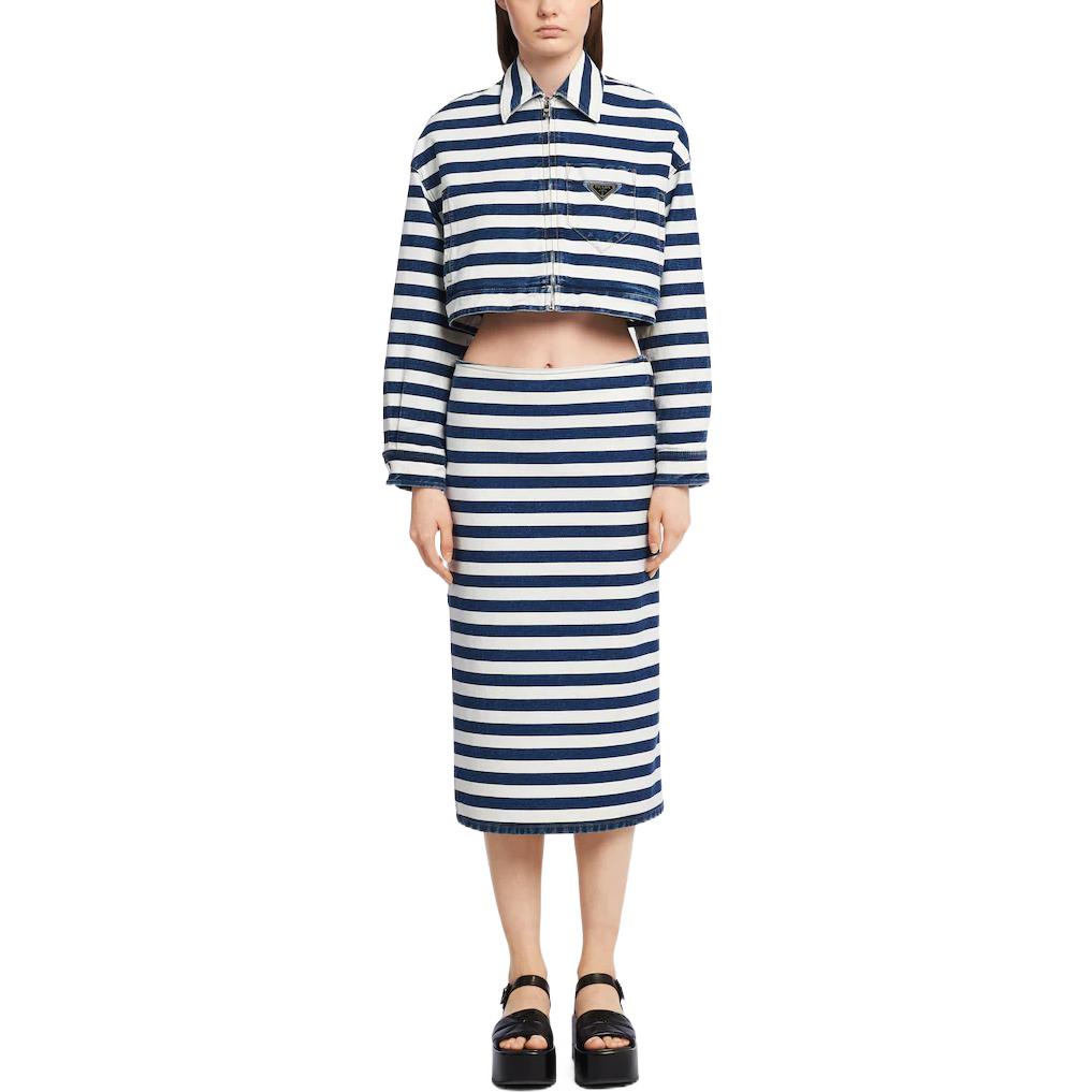 Lookbook (Women) PRADA FW22  Cropped Denim Jacket with Striped Collar Navy Blue. GFB288-10G2-F0008-S-221