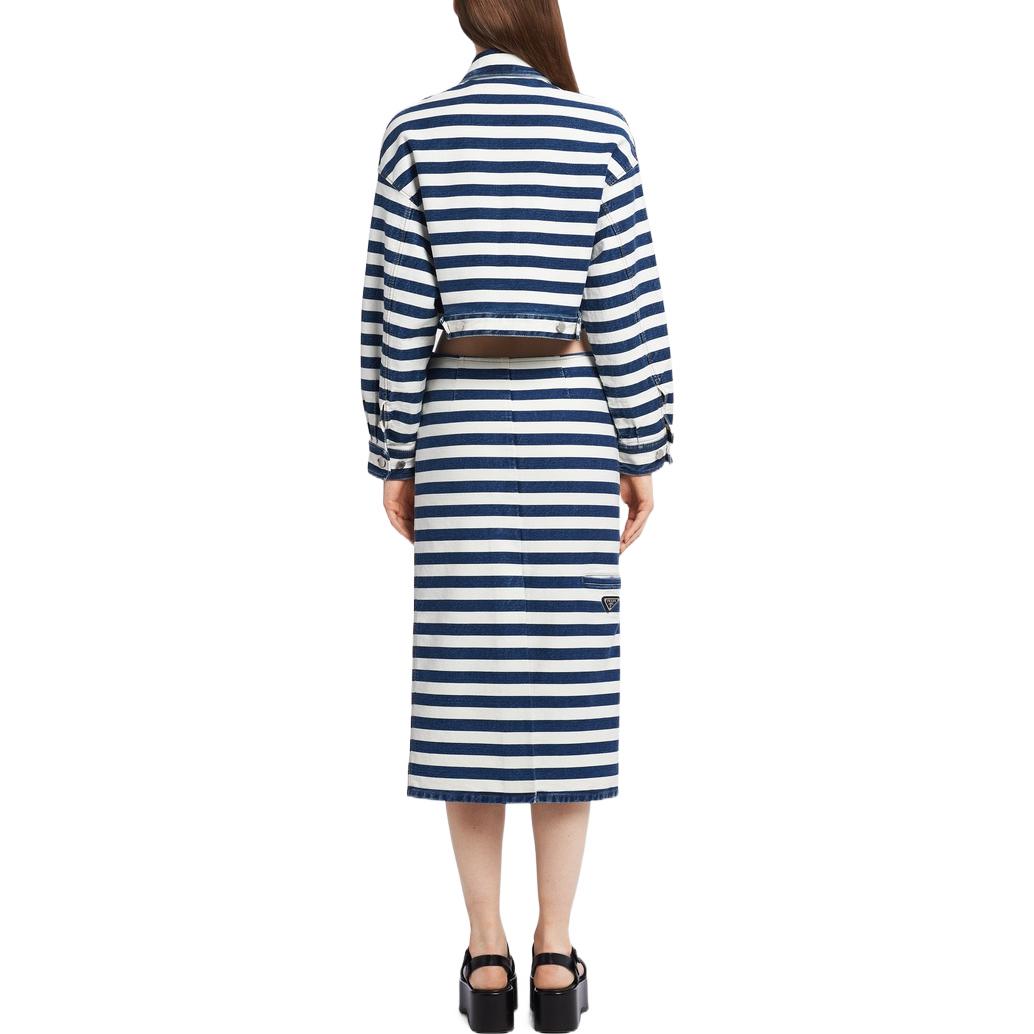 Shop (Women) PRADA FW22  Cropped Denim Jacket with Striped Collar Navy Blue. GFB288-10G2-F0008-S-221