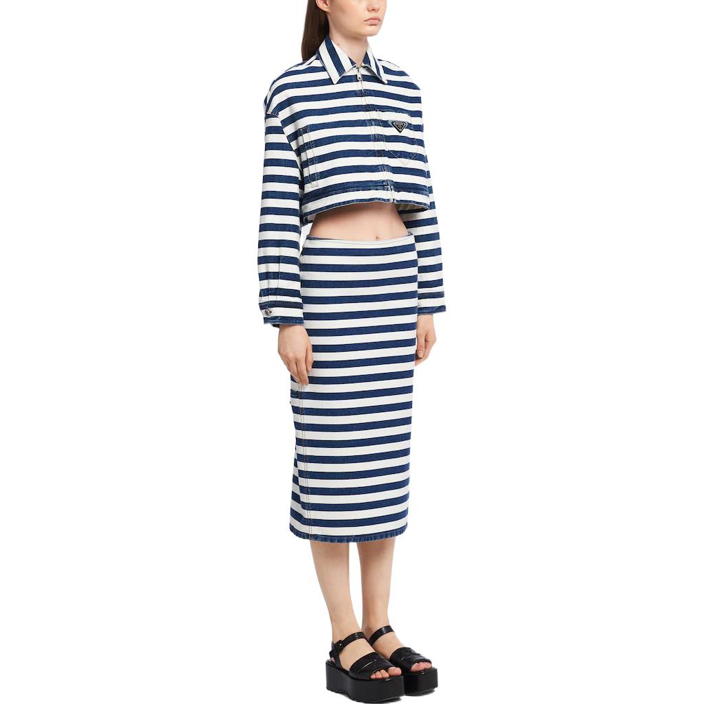 Purchase (Women) PRADA FW22  Cropped Denim Jacket with Striped Collar Navy Blue. GFB288-10G2-F0008-S-221