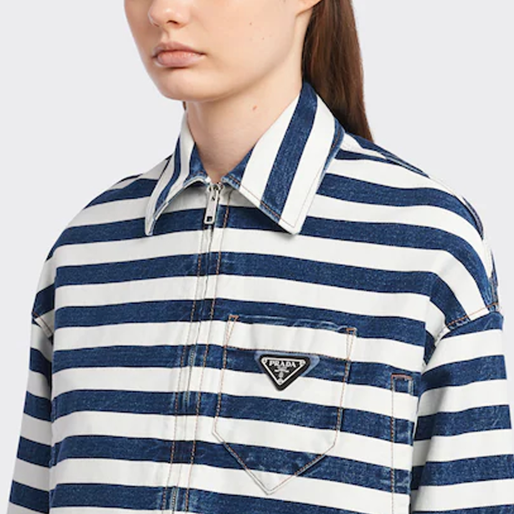Details for (Women) PRADA FW22  Cropped Denim Jacket with Striped Collar Navy Blue. GFB288-10G2-F0008-S-221
