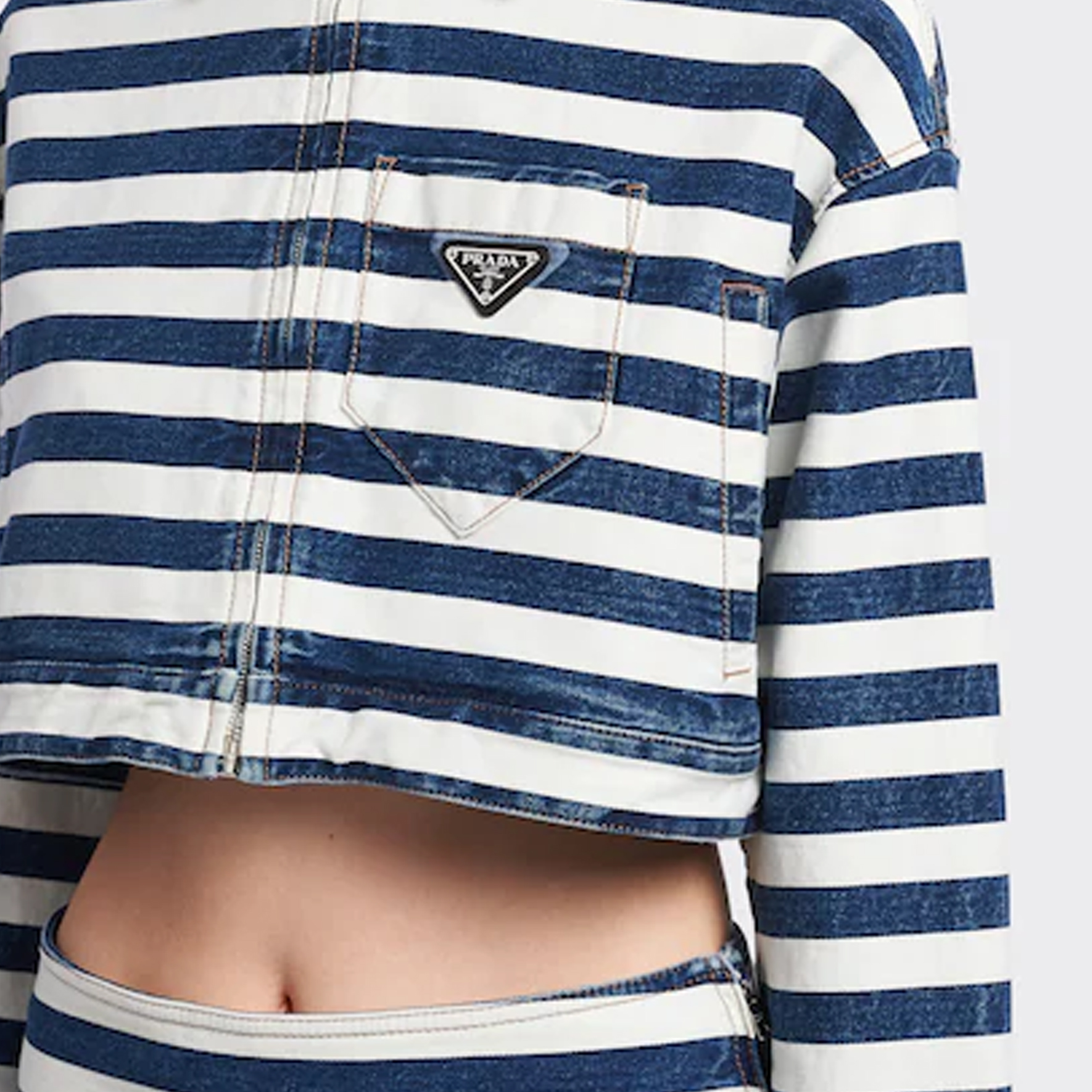 Sizing (Women) PRADA FW22  Cropped Denim Jacket with Striped Collar Navy Blue. GFB288-10G2-F0008-S-221