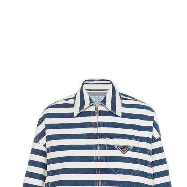 Cheap (Women) PRADA FW22  Cropped Denim Jacket with Striped Collar Navy Blue. GFB288-10G2-F0008-S-221