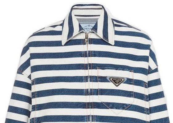 (Women) PRADA FW22 Cropped Denim Jacket with Striped Collar Navy Blue. GFB288-10G2-F0008-S-221 Cheap (Women) PRADA FW22 Cropped Denim Jacket with Striped Collar Navy Blue. GFB288-10G2-F0008-S-221