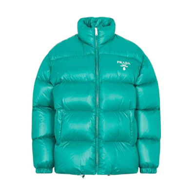 (Women) PRADA FW22 Green Logo Print Zip-Up Loose Fit Down Jacket. 292065-11A9-F077U-S-222