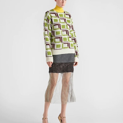 (Women) PRADA FW22 Ivy Green Colorblock High-Neck Pullover Sweater P26474-114B-F077G-S-222 Lookbook (Women) PRADA FW22 Ivy Green Colorblock High-Neck Pullover Sweater P26474-114B-F077G-S-222