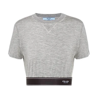 (Women) PRADA FW22 Slim Fit Short Sleeve Cropped T-Shirt Grey. 39537-10H1-F0031-S-221