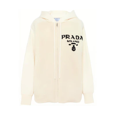 (Women) PRADA FW22 White Hoodie with Letter Pattern拼接 Design. P25I09-1Y1J-F0K74-S-212