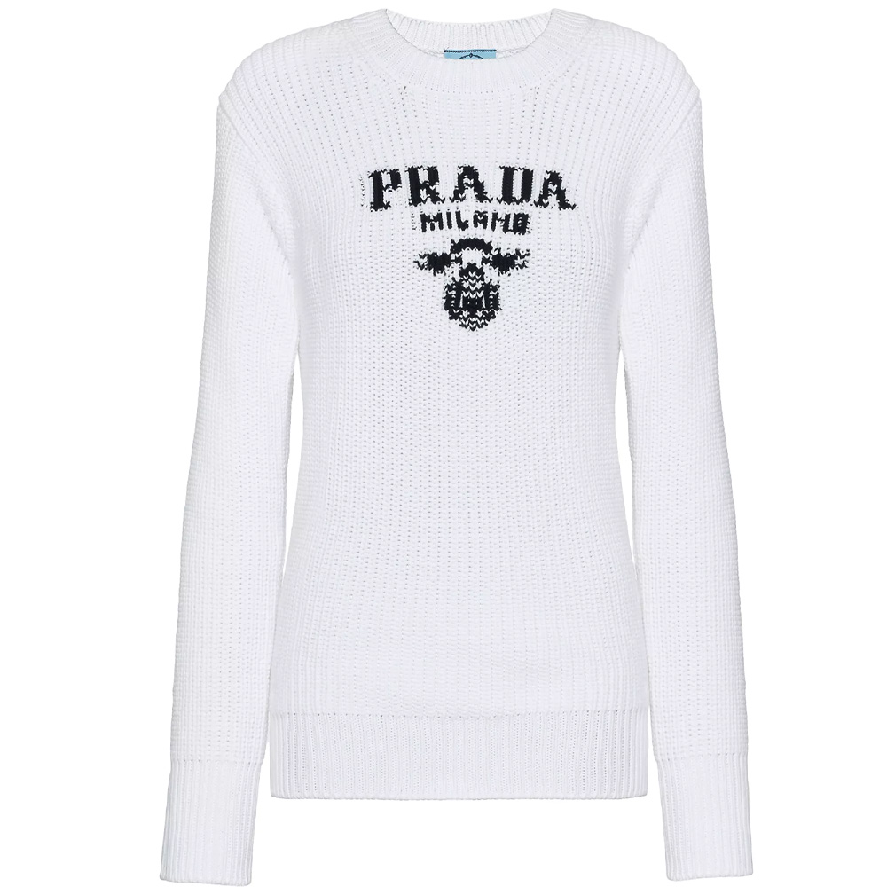 (Women) PRADA FW22  White Knit Sweater with Letter Logo and Round Neck. P24R1HS2211093-F0009