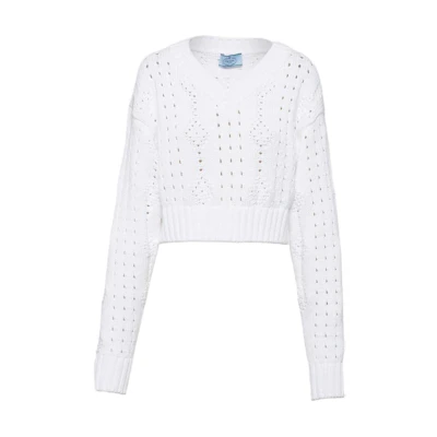 (Women) PRADA FW22 White V-Neck Cropped Top with Solid Pattern Design P24R1I-11GB-F0009-S-221