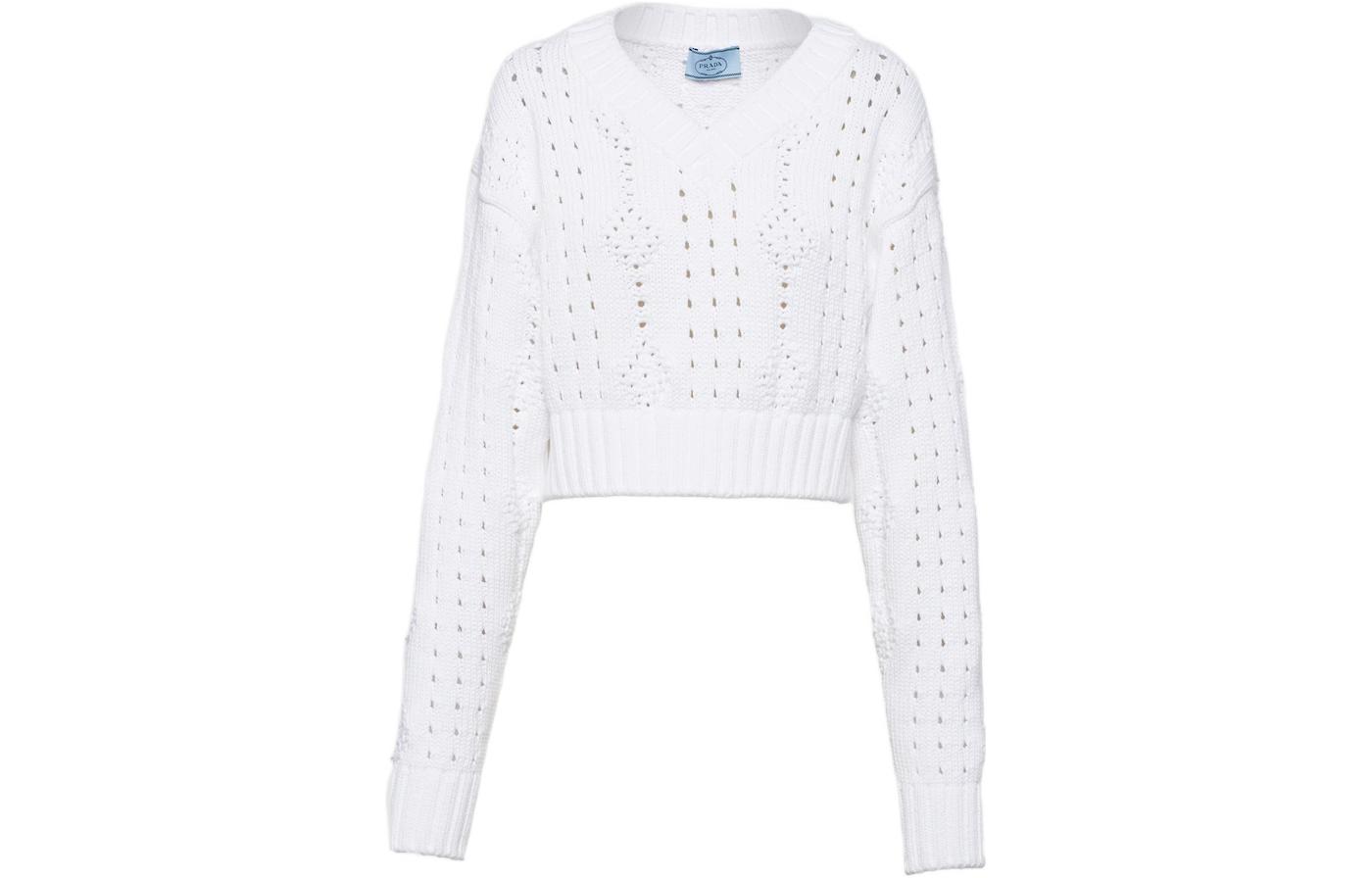 Order (W) PRADA FW22 Top Corto Blanco con Escote en V y Diseño de Patrón Sólido P24R1I-11GB-F0009-S-221