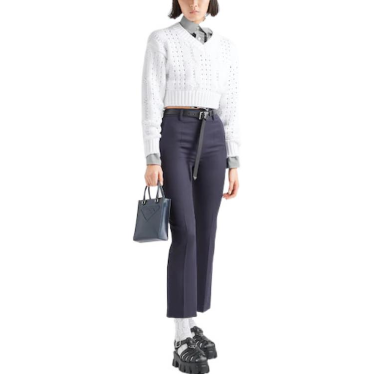 Lookbook (W) PRADA FW22 Top Corto Blanco con Escote en V y Diseño de Patrón Sólido P24R1I-11GB-F0009-S-221