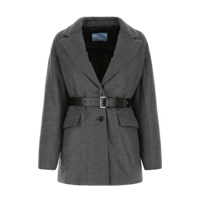 (Women) Prada FW22 Single-Breasted Belted Padded Jacket Coat Grey P628PK-11C1-F0480-S-222