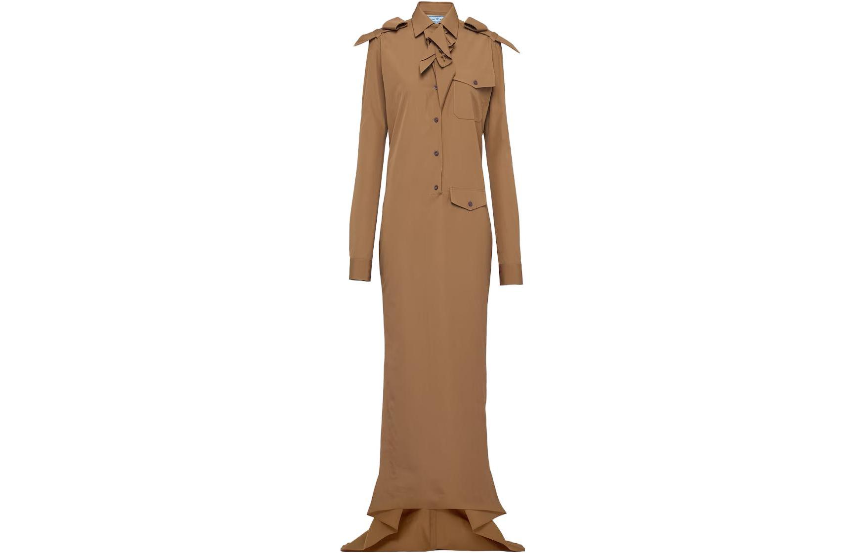 (Women) PRADA FW23  Beige Long Sleeve Slim Fit Maxi Dress. P3K95R-127S-F0594-S-232