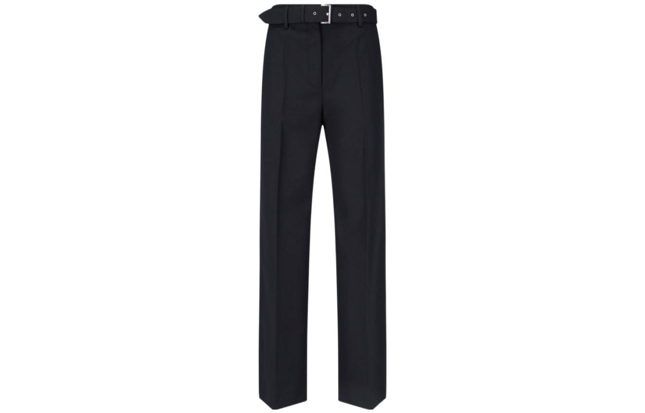 Order (W) PRADA FW23 Seluar Kasual Hitam Wool dengan Butiran Tali Pinggang Warna Solid. P274GY-108N-F0002