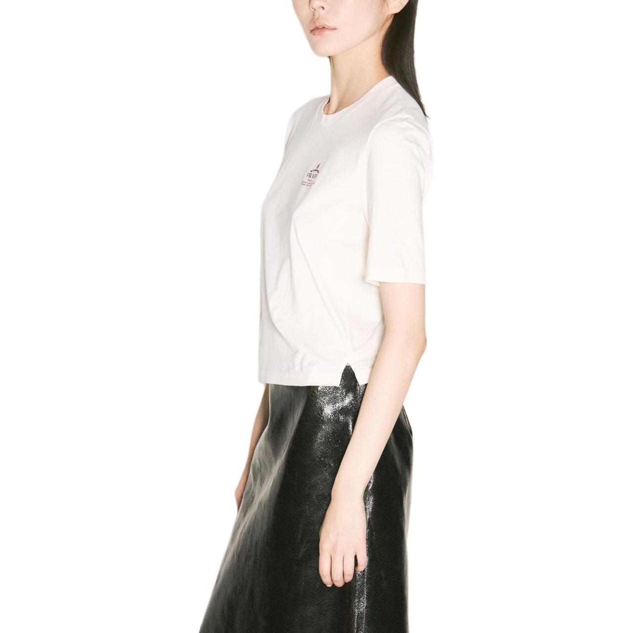Shop (W) PRADA FW24 Kemeja-T Leher Bulat Putih dengan Logo Huruf. 3549B-15S8-F0XPE-S-OOO