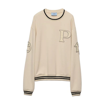(Women) Prada FW24 Ivory Striped Logo Patch Crewneck Sweatshirt 134709-1509-F0304-S-OOO