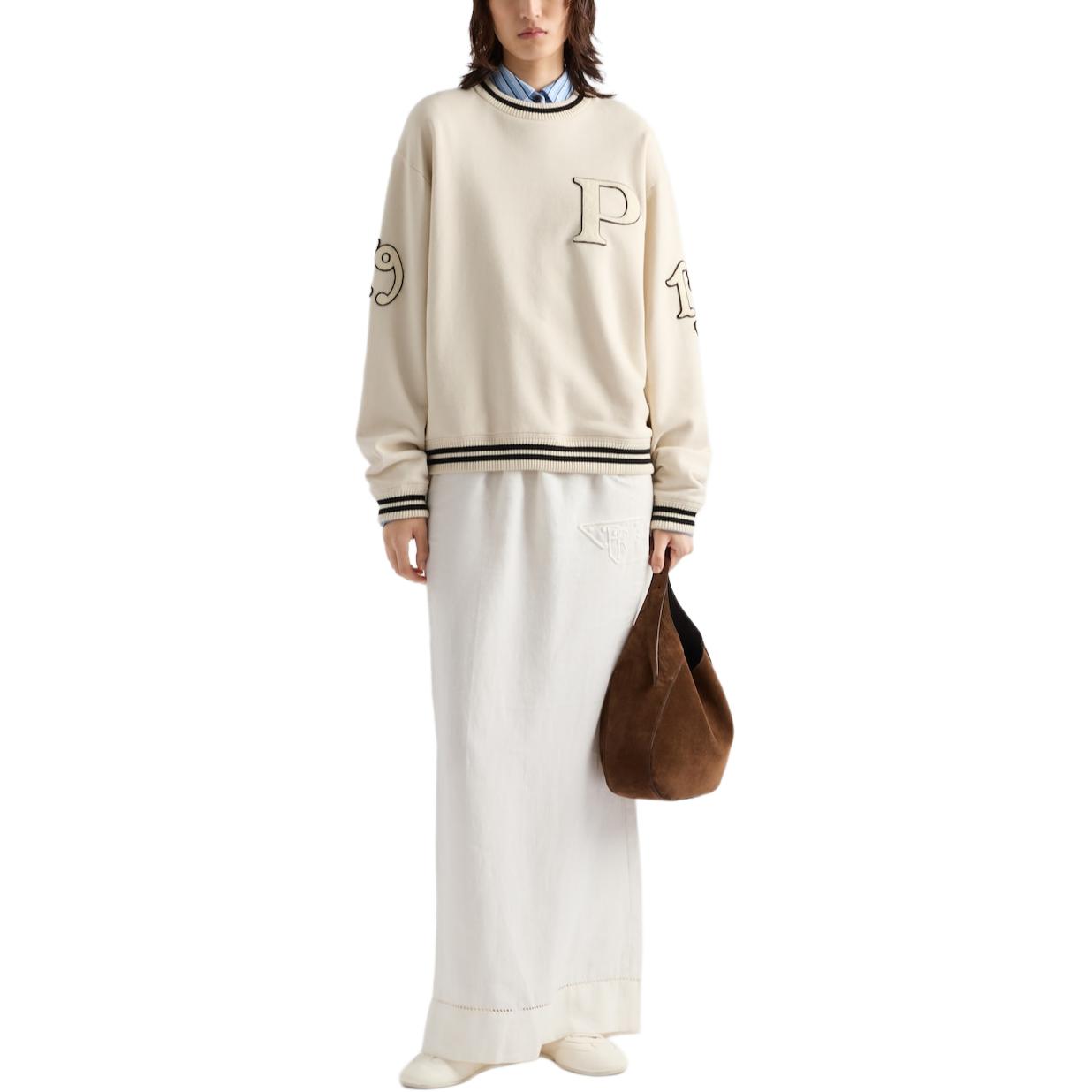 Lookbook (W) Prada FW24 象牙條紋徽標貼飾圓領長袖上衣 134709-1509-F0304-S-OOO