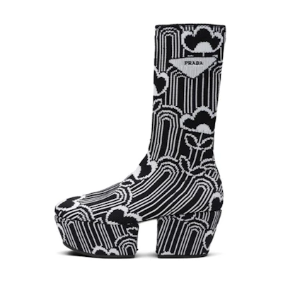 (W) Prada Knit Fabric Platform Boots 'Black White'